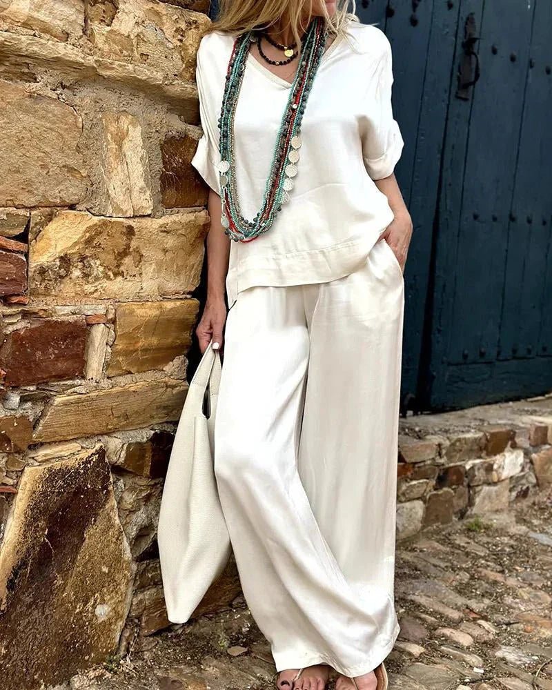 Wide-Leg Satin Lounge Set | V-Neck Top & Relaxed Trousers | Effortless Day-to-Night Look