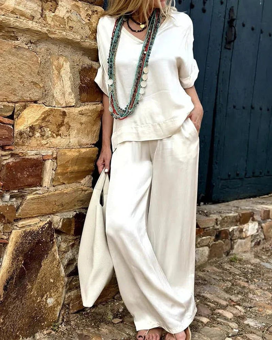 Wide-Leg Satin Lounge Set | V-Neck Top & Relaxed Trousers | Effortless Day-to-Night Look