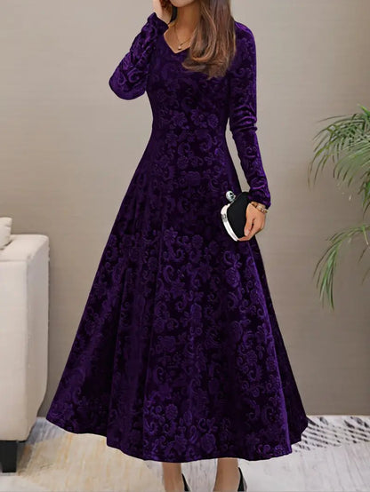 Velvet A-Line Evening Dress | Long Sleeve | Embossed Pattern