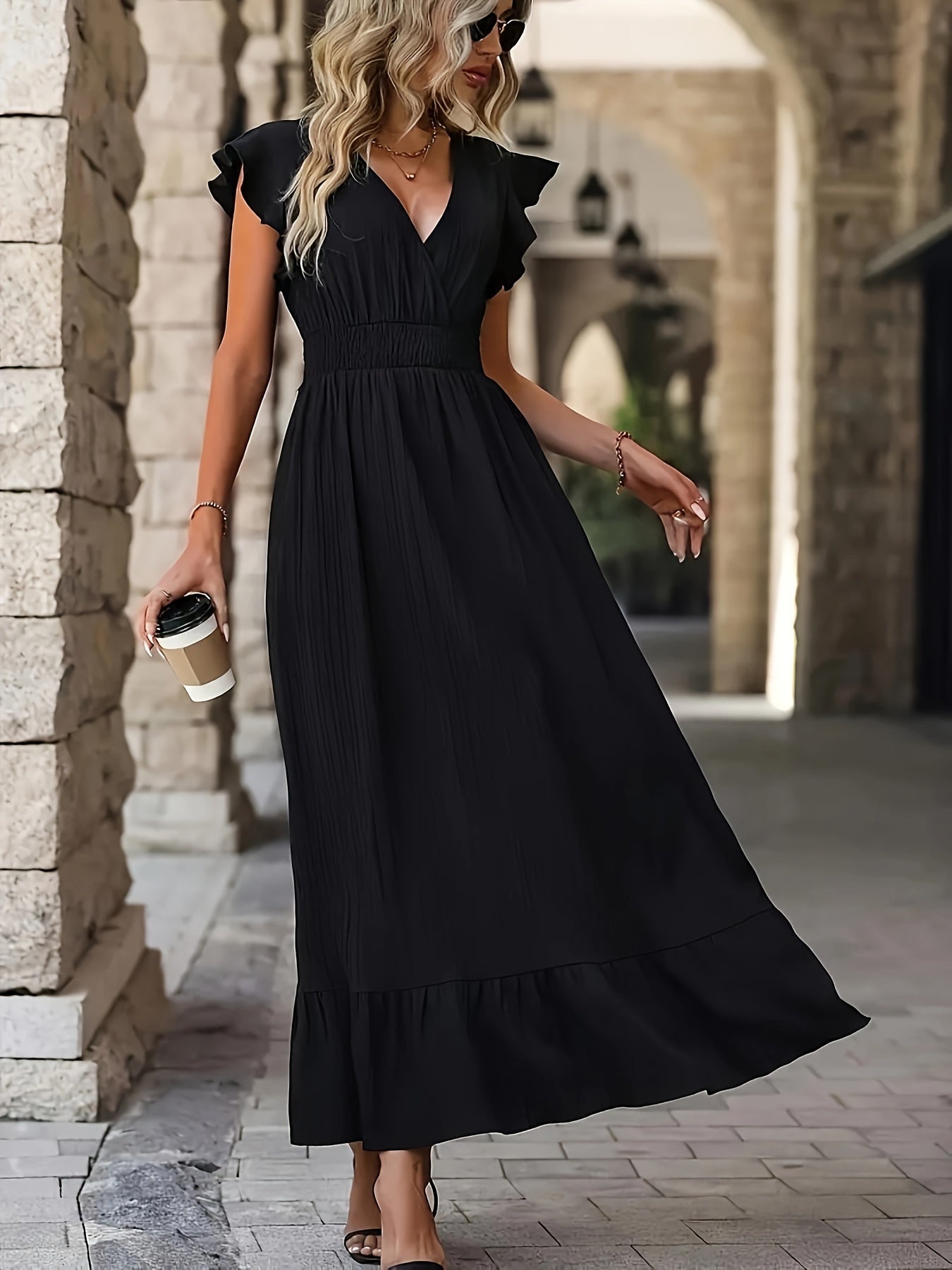 Ruffle Sleeve Maxi Dress | V-Neckline & Flowy Silhouette | Elegant Everyday Style