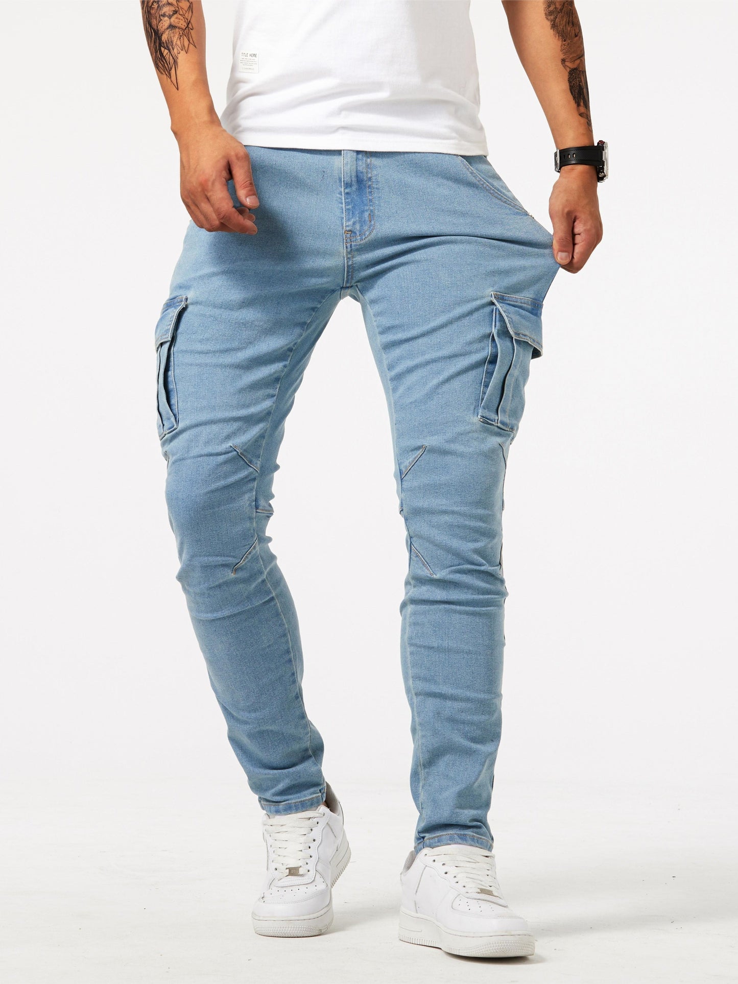 Men’s Denim Cargo Jeans | Utility Streetwear Pants | Tapered Fit