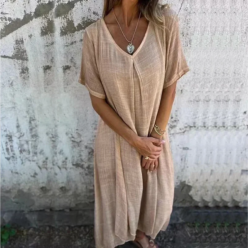 Oversized V-Neck Linen Dress | Raw Hem Midi | Breezy 3/4 Sleeve Fit