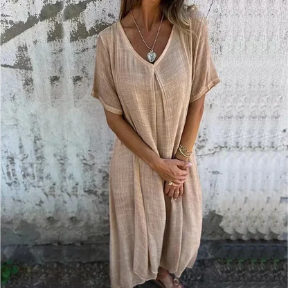 Oversized V-Neck Linen Dress | Raw Hem Midi | Breezy 3/4 Sleeve Fit