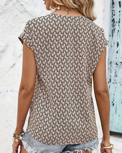 Cap Sleeve Printed Blouse | Lightweight V-Neck | Casual Summer Top