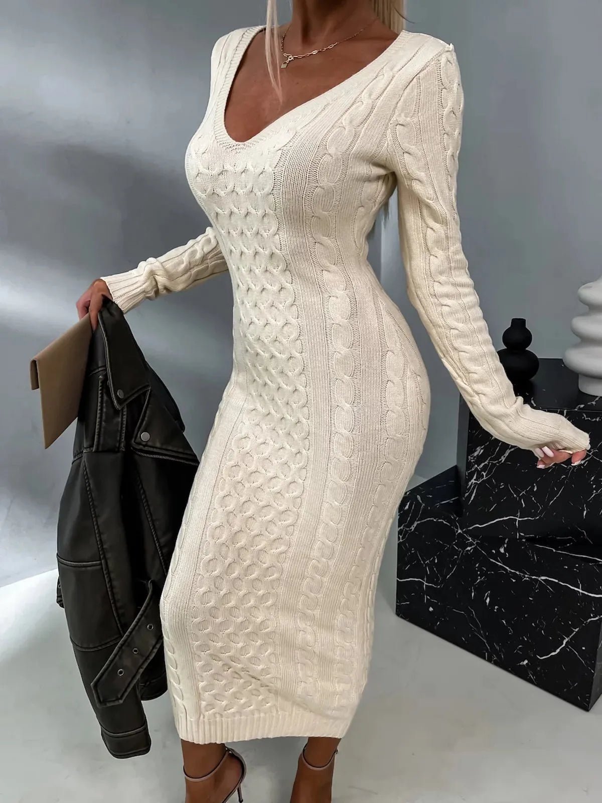 Knit Bodycon Midi Dress | Cable Knit Design | Open Back Detail | Cozy Chic