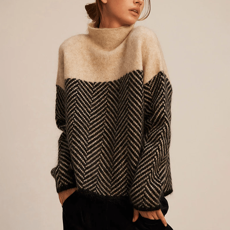 Wool Blend Mock Neck Sweater | Chevron Knit Panel & Relaxed Fit