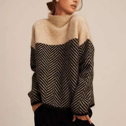 Wool Blend Mock Neck Sweater | Chevron Knit Panel & Relaxed Fit