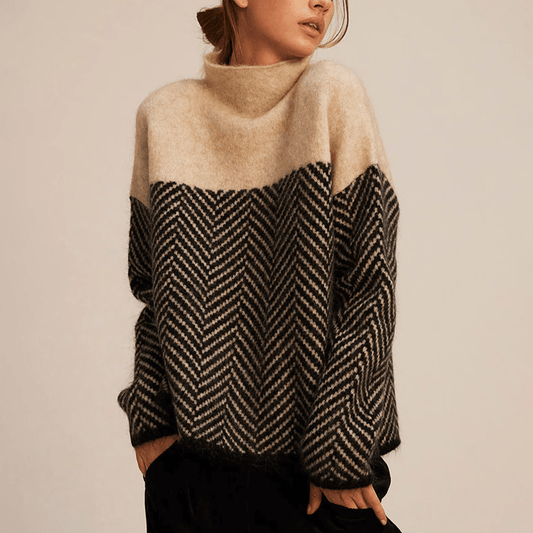 Wool Blend Mock Neck Sweater | Chevron Knit Panel & Relaxed Fit