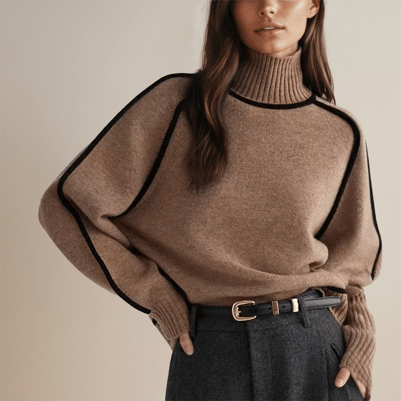 Turtleneck Wool Blend Sweater | Contrast Trim | Relaxed Fit