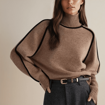 Turtleneck Wool Blend Sweater | Contrast Trim | Relaxed Fit