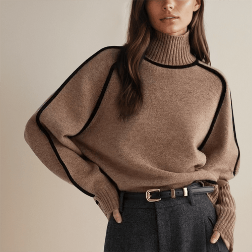 Turtleneck Wool Blend Sweater | Contrast Trim | Relaxed Fit