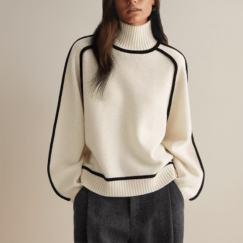 Turtleneck Wool Blend Sweater | Contrast Trim | Relaxed Fit