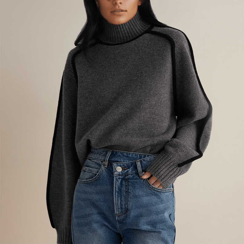 Turtleneck Wool Blend Sweater | Contrast Trim | Relaxed Fit