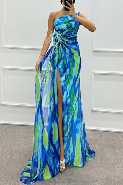 Watercolour Chiffon Gown dress | One-Shoulder Design & Side Slit | Bold Abstract Print
