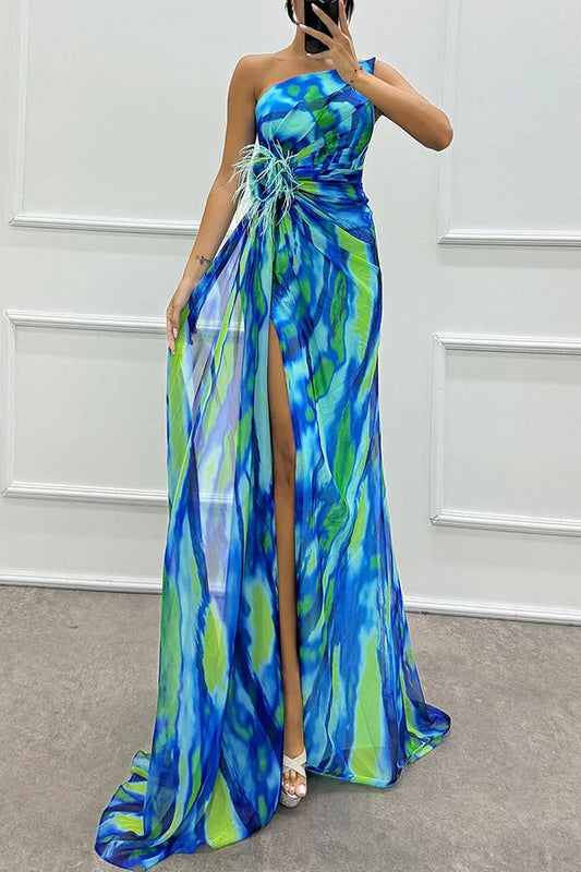 Watercolour Chiffon Gown dress | One-Shoulder Design & Side Slit | Bold Abstract Print
