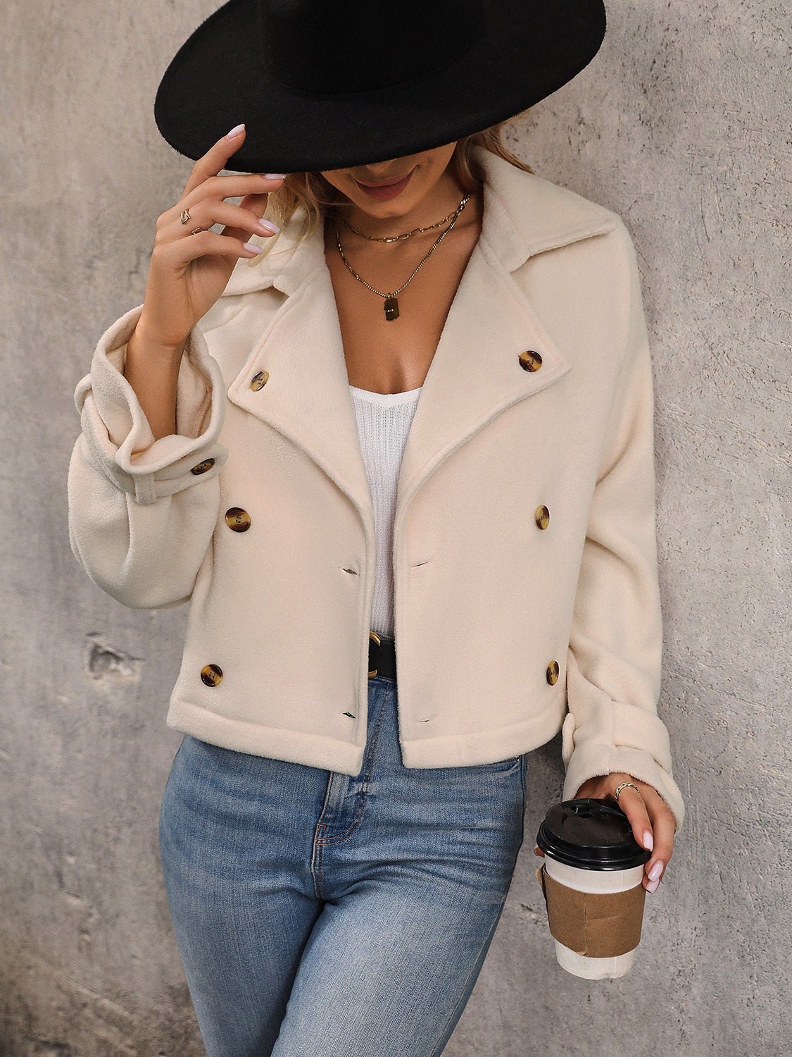 Cropped Double-Breasted Jacket | Tailored Fit | Soft Polyester Blend | Chic Casual Layer
