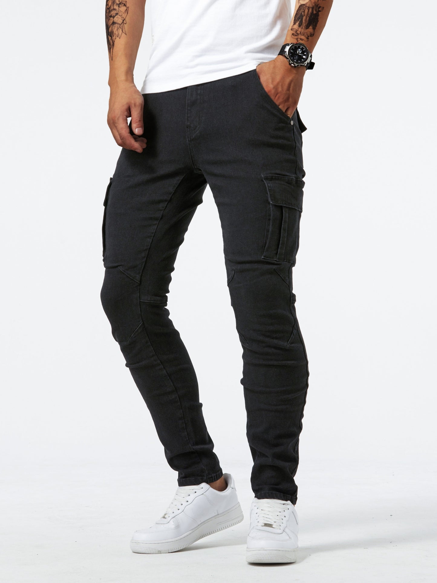 Men’s Denim Cargo Jeans | Utility Streetwear Pants | Tapered Fit