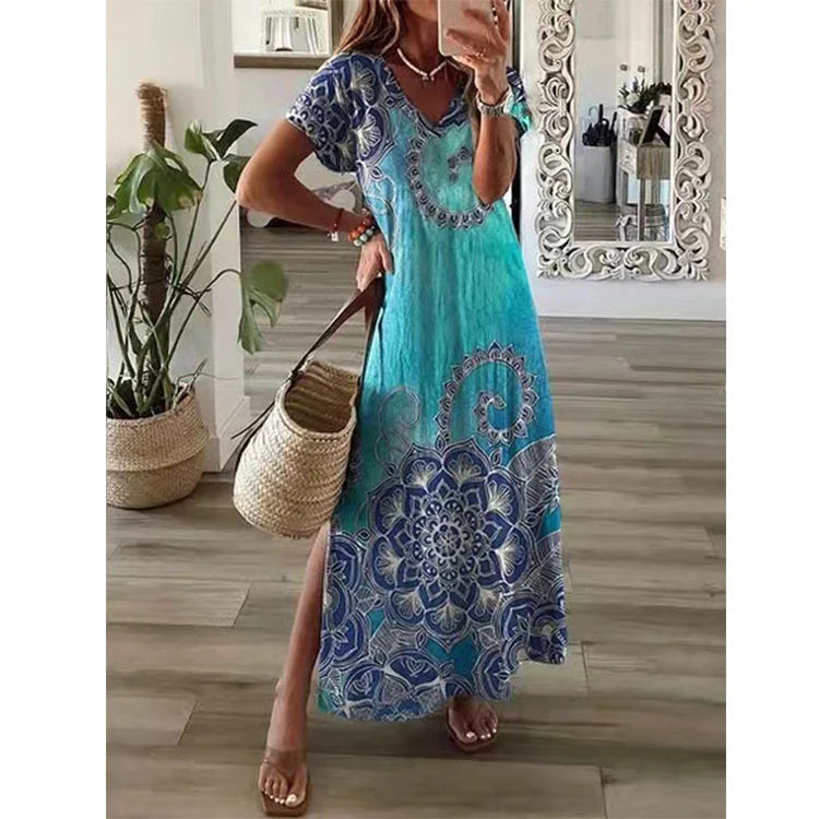 Boho Maxi Dress | Lightweight Mandala Print | Relaxed Fit V-Neck