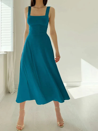 Square Neck Sleeveless Midi Dress | Fitted Bodice Flared Hem | Elegant Summer Occasion Look