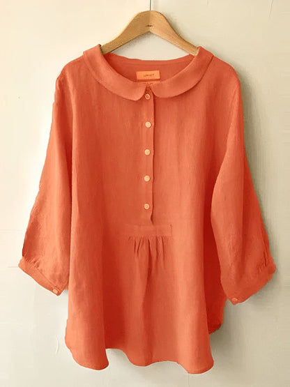 Linen Button-Front Blouse | 3/4 Sleeves & Peter Pan Collar | Relaxed Everyday Fit
