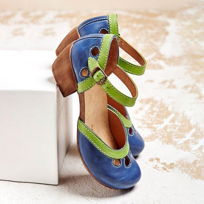Retro Mary Jane Block Heels | Cut-Out Strap Design with Low Wooden Heel