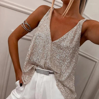 Sequin V-Neck Cami Top | Sleeveless Party Essential | Lightweight Glam Fit