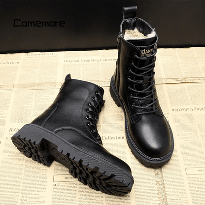 Fur Lined Combat Boots | Lace-Up + Side Zip | Waterproof Winter Tread