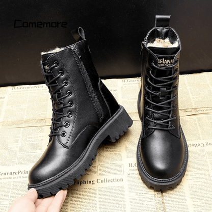 Fur Lined Combat Boots | Lace-Up + Side Zip | Waterproof Winter Tread