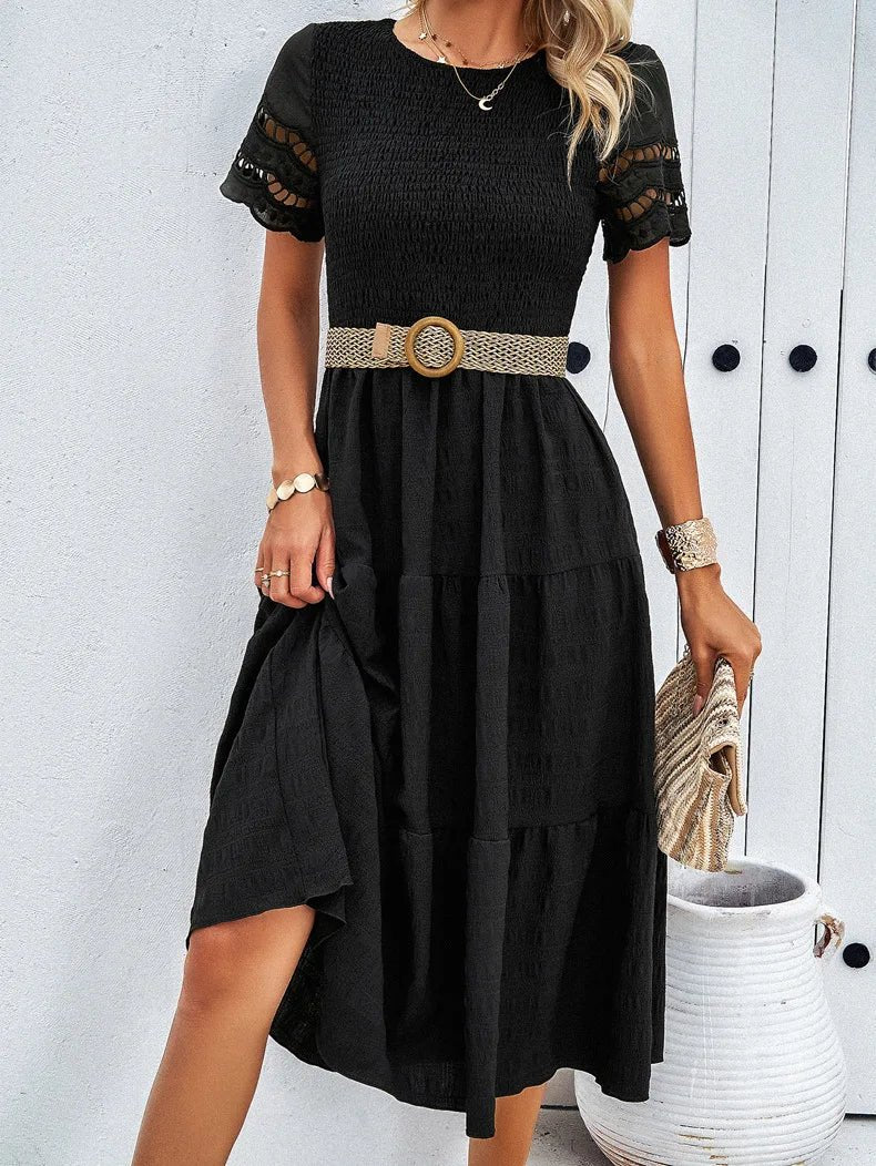 Tiered Midi Dress | Smocked Bodice | Short Sleeve Flowy Fit