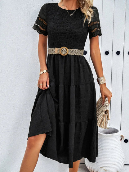 Tiered Midi Dress | Smocked Bodice | Short Sleeve Flowy Fit