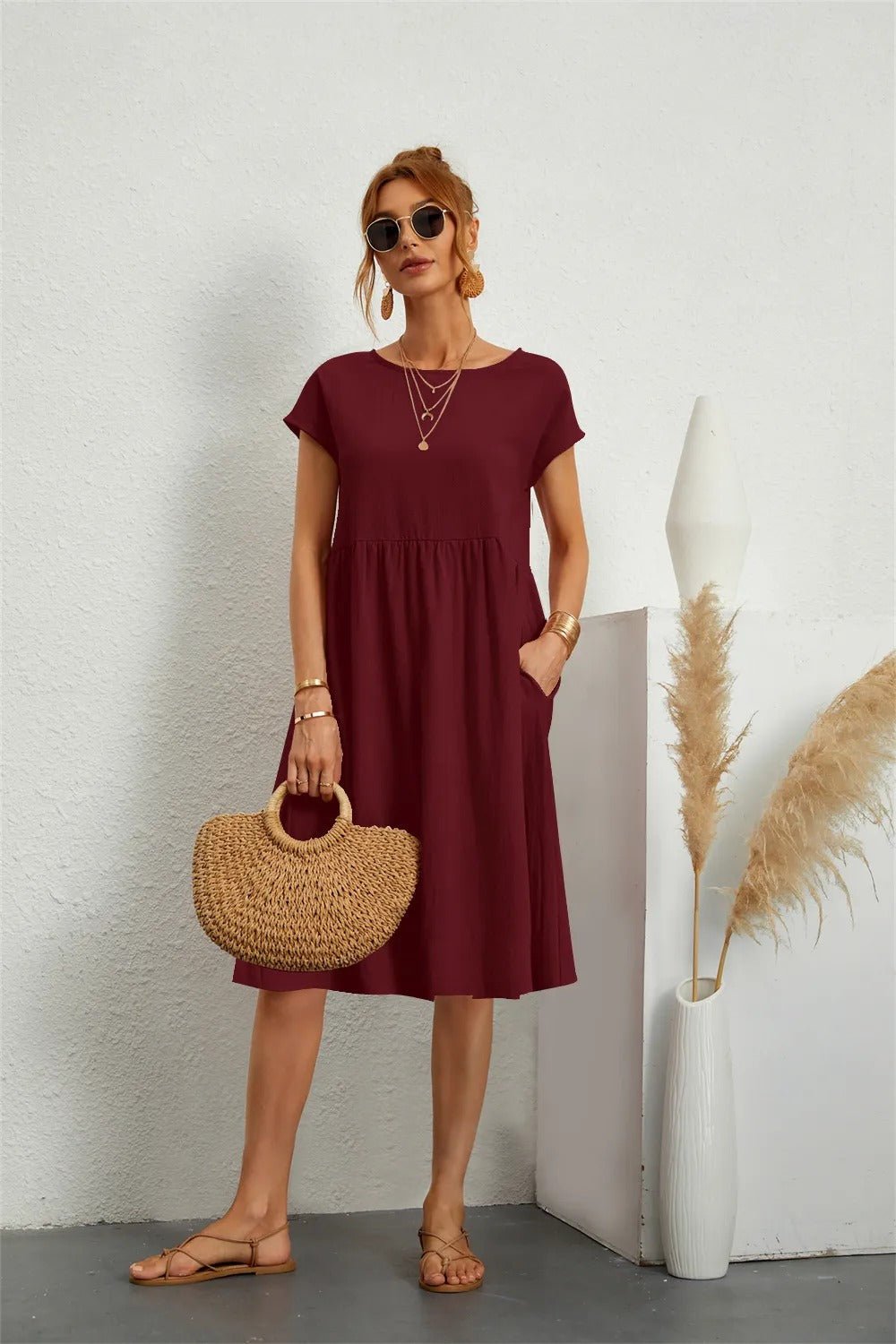 Cotton Blend Pocket Dress | Crew Neck | Casual Cap Sleeve