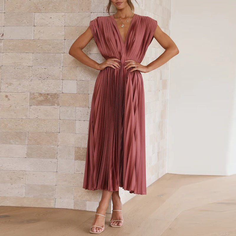 Pleated Satin Midi Dress | Deep V-Neck | Cap Sleeve