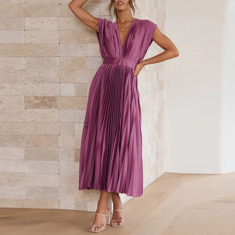 Pleated Satin Midi Dress | Deep V-Neck | Cap Sleeve