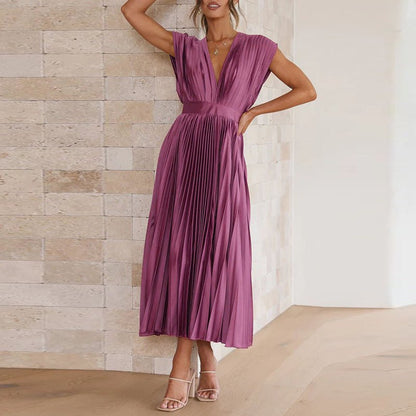 Pleated Satin Midi Dress | Deep V-Neck | Cap Sleeve