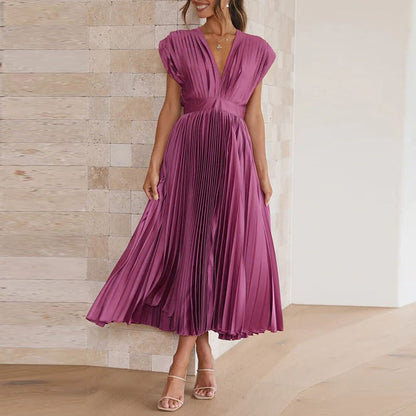 Pleated Satin Midi Dress | Deep V-Neck | Cap Sleeve