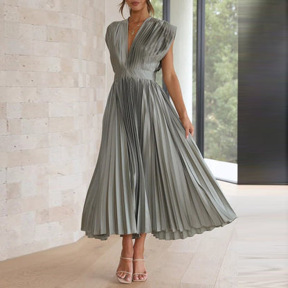 Pleated Satin Midi Dress | Deep V-Neck | Cap Sleeve