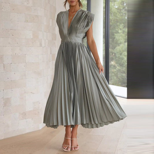Pleated Satin Midi Dress | Deep V-Neck | Cap Sleeve
