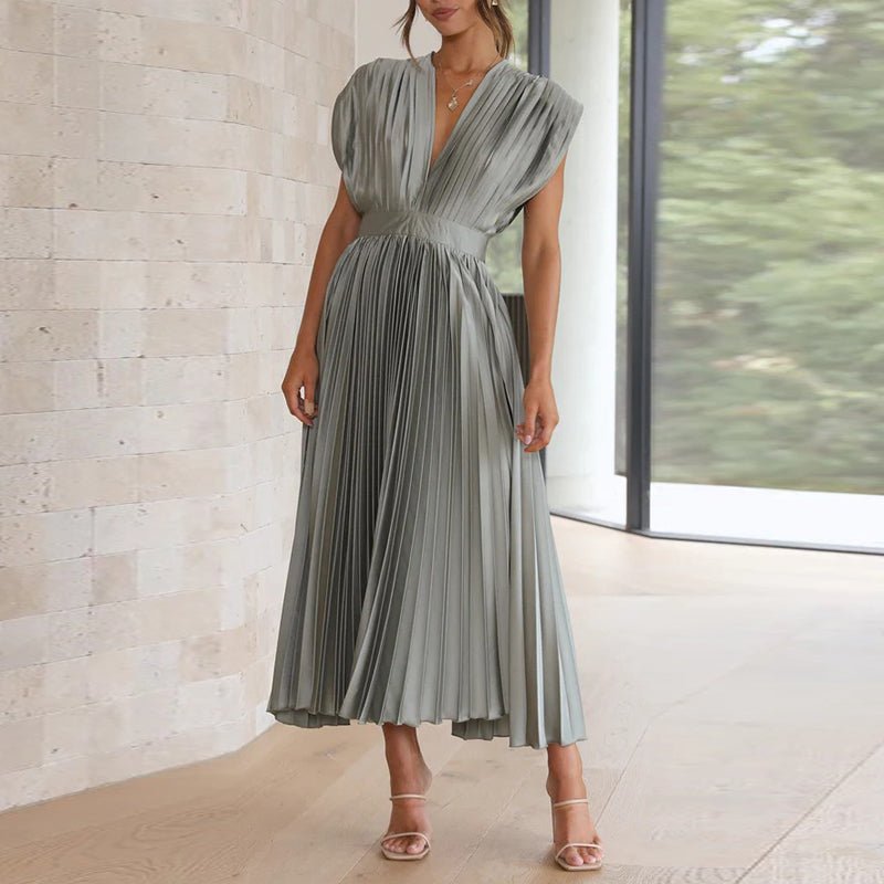 Pleated Satin Midi Dress | Deep V-Neck | Cap Sleeve