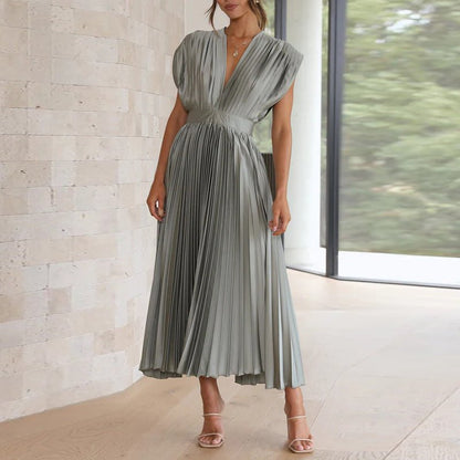 Pleated Satin Midi Dress | Deep V-Neck | Cap Sleeve