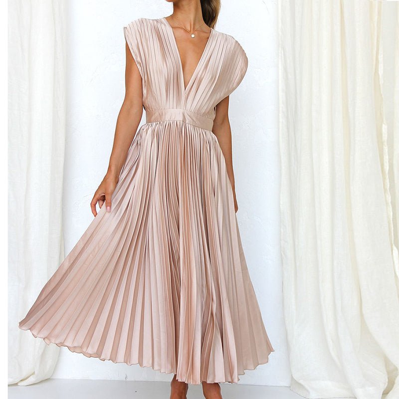 Pleated Satin Midi Dress | Deep V-Neck | Cap Sleeve