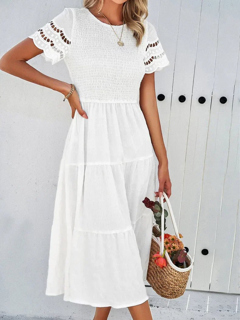 Tiered Midi Dress | Smocked Bodice | Short Sleeve Flowy Fit