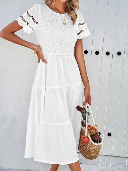 Tiered Midi Dress | Smocked Bodice | Short Sleeve Flowy Fit