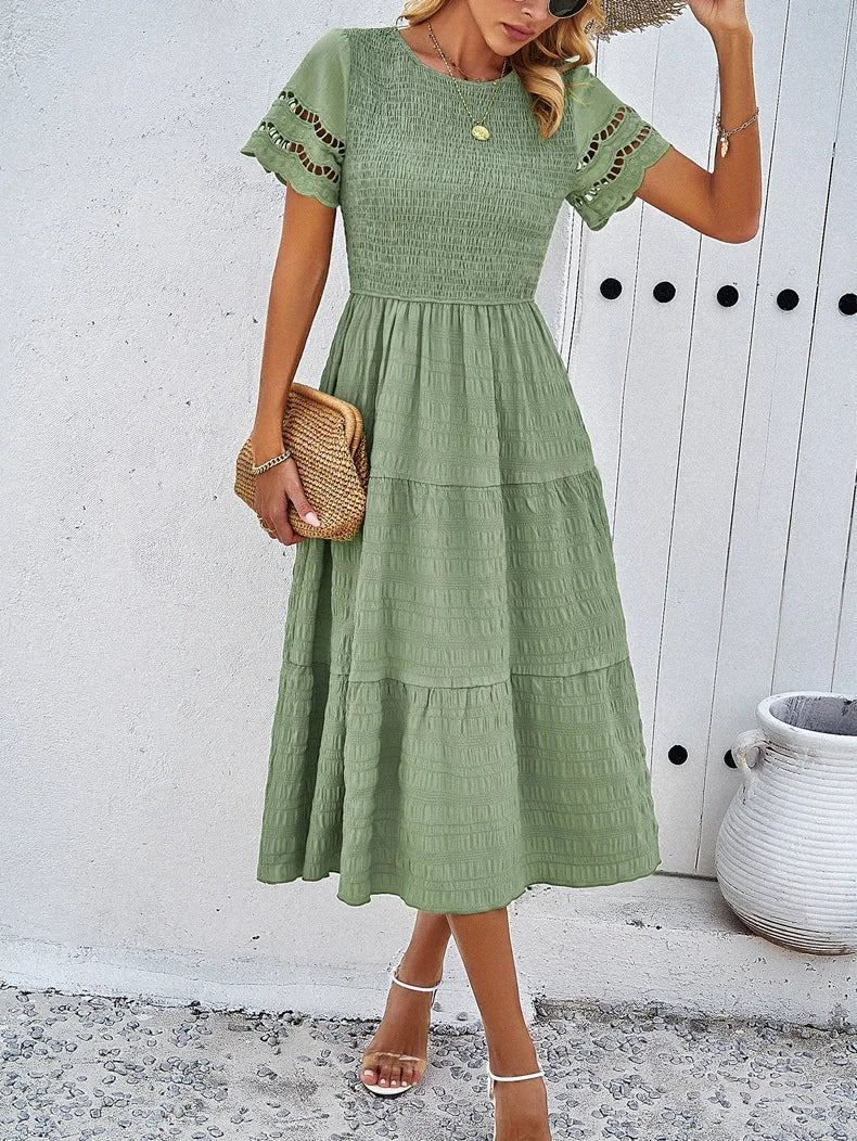 Tiered Midi Dress | Smocked Bodice | Short Sleeve Flowy Fit