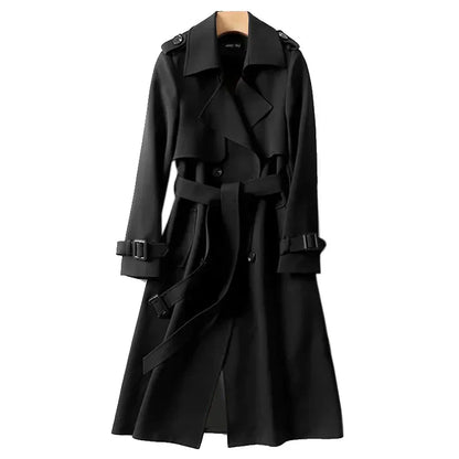Women's Long Trench Coat | Double-Breasted Design | Belted Fit