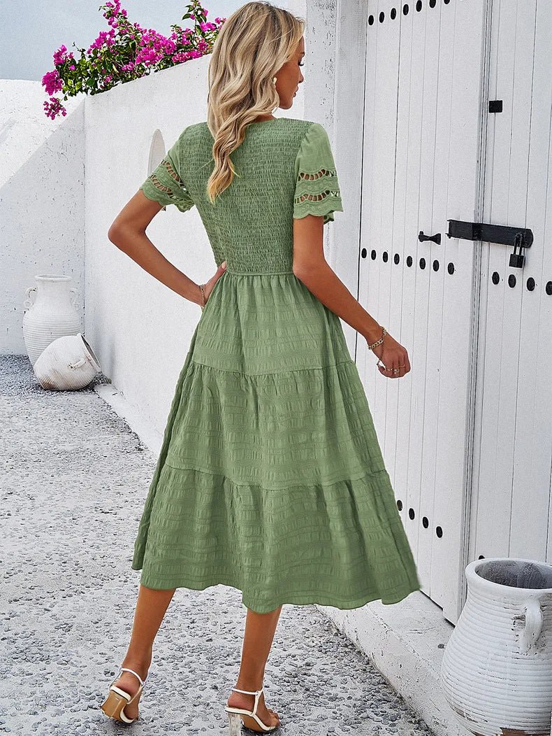 Tiered Midi Dress | Smocked Bodice | Short Sleeve Flowy Fit