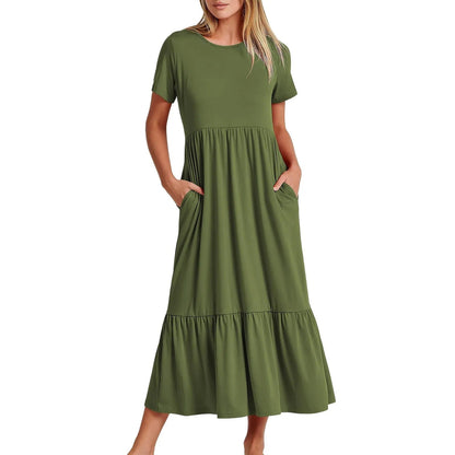Women's Tiered Midi Dress | Short Sleeve Casual Flowy Dress | Everyday Summer Outfit