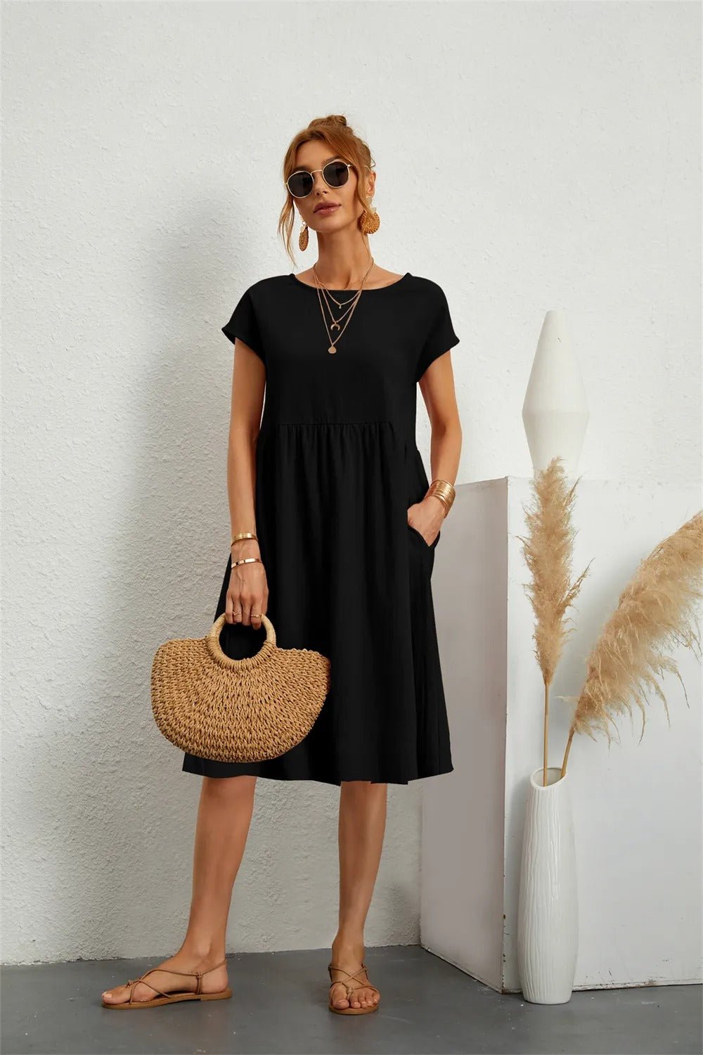 Cotton Blend Pocket Dress | Crew Neck | Casual Cap Sleeve