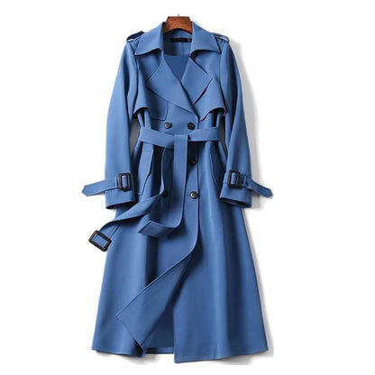 Women's Long Trench Coat | Double-Breasted Design | Belted Fit