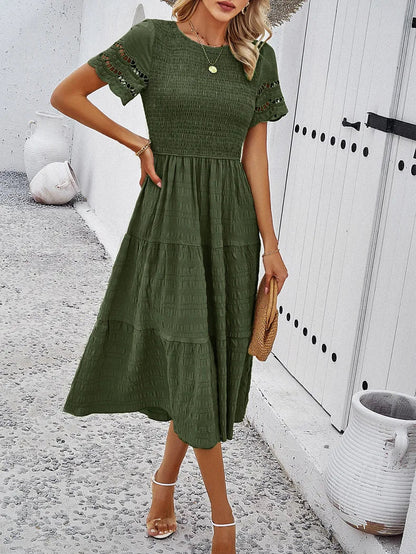 Tiered Midi Dress | Smocked Bodice | Short Sleeve Flowy Fit