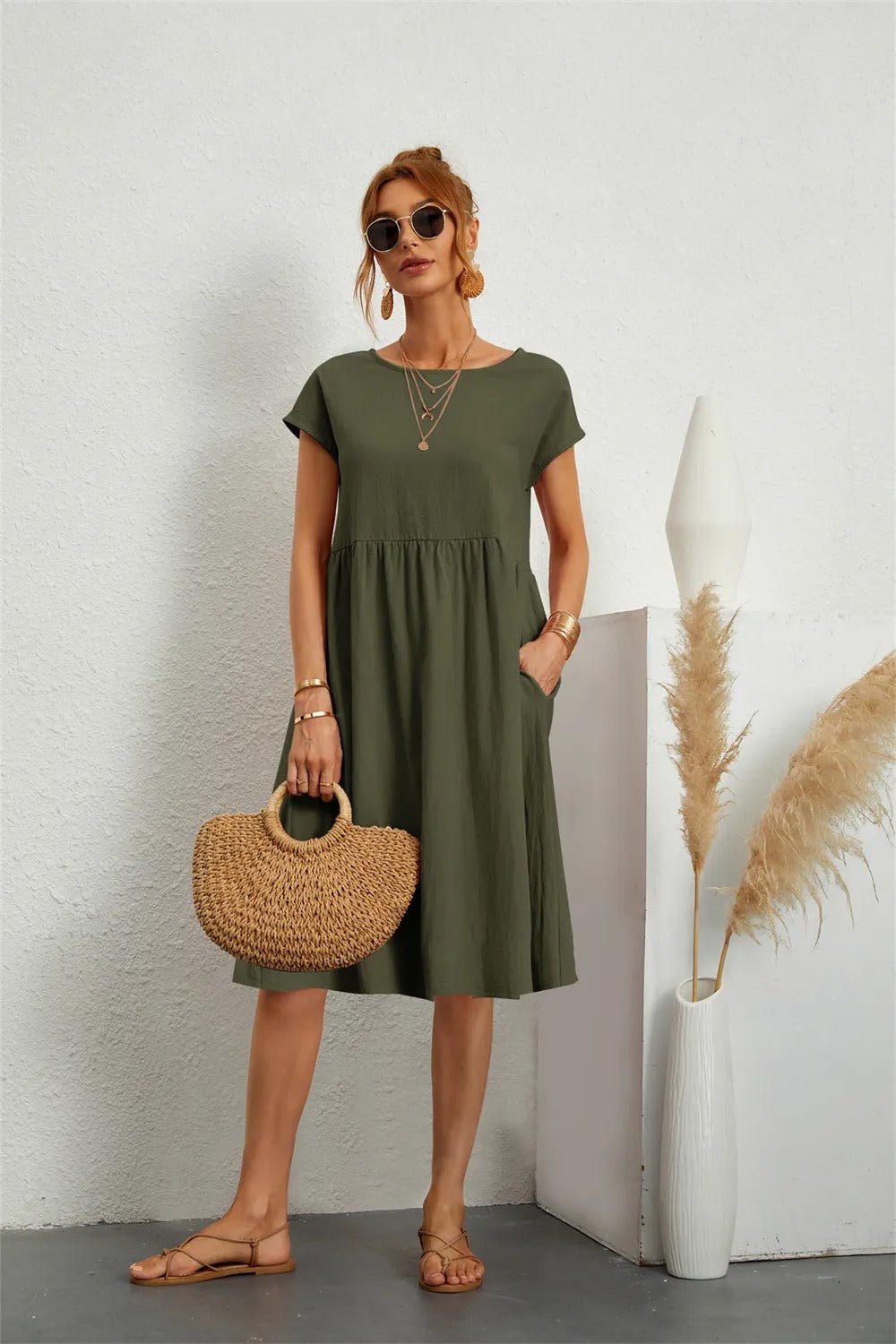 Cotton Blend Pocket Dress | Crew Neck | Casual Cap Sleeve